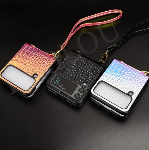 Samsung Galaxy Z Flip 5 cell phone case black snake skin print wristlet - Picture 1 of 2